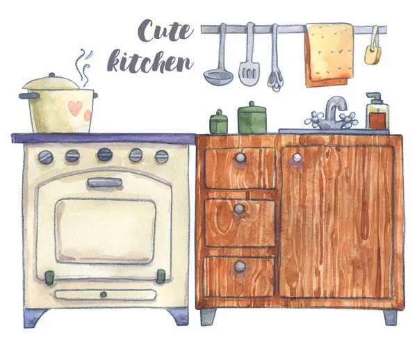 Kitchen Stove Cabinet Washing Cooking Drawing Illustration Children Watercolor Pencil — Stock Photo, Image