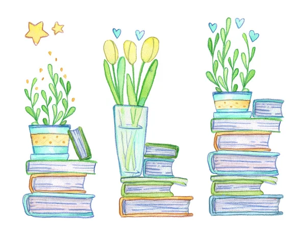 Book flower pot vase tulip magazine stack heart leaves star cute set watercolor isolated library bookstore freehand drawing