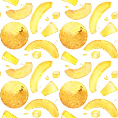 Kavun çemberi dilimi. Meyve suyu. Tatlı tatlı. Sulu sarı yaz suluboya deseni.