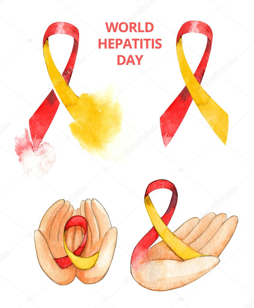 World hepatitis day ribbon disease symbol liver hands stain hand watercolor icon illustration isolated set