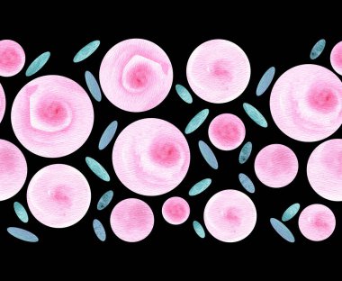 Gül desenli çiçekler soyut pembe narin siyah arkaplan çemberi oval suluboya kusursuz bir şekilde tekrarlanıyor