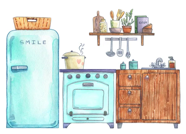 Kitchen Furniture Interior Design Lifestyle Cartoon Decorative Cute Modern Watercolor — Stock Photo, Image