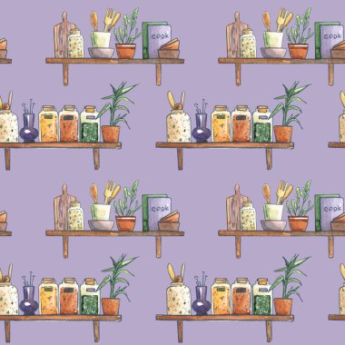 raf mutfak baharat kavanozu ot çerçeve iç duvar illüstrasyonu suluboya kalem şirin İskandinav tarzı tekrarlanmayan