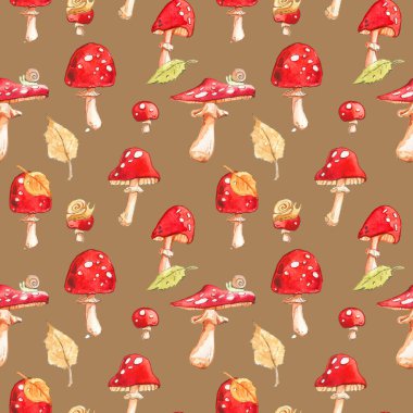 Amanita tarım mantarları ormandaki sonbahar desenleri yenilemez kırmızı suluboya dikişsiz düşmüş salyangoz çocuk karakteri.