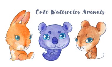 Tavşan koala hamster fare memeli tavşan sevimli karakter çocuğu bebek büyük gözler kawaii suluboya izole set