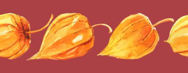 Bitki örtüsü sarı meyve desenli güneşli pembe bitki çiçekli suluboya izole sonbahar sınırı yatay