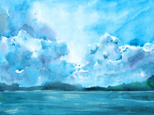Paisaje Cielo Mar Lago Bosque Nubes Luz Acuarela Pintura Azul — Foto de Stock
