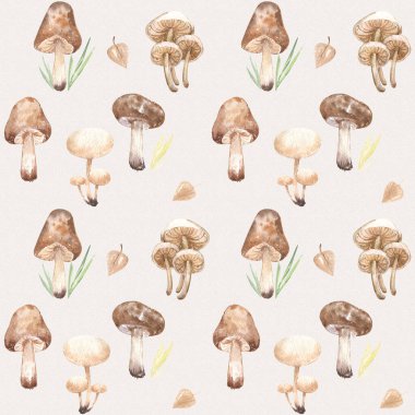 Mantar ormanı desenleri çocukların arka plan ambalaj kağıtları Sonbahar yenilebilir yaprak çimenleri bej suluboya dokusu şirin