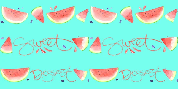 Wassermelone Scheibe Big Delicious Sweet Blue Hintergrundmuster Kalligraphie Wiederholende Aquarell — Stockfoto