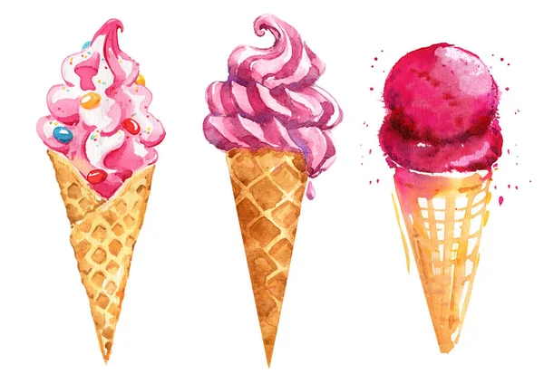 Dondurma külahlı waffle Boynuzlar güzel pembe set suluboya izole edilmiş böğürtlen suyu soğuk tatlı