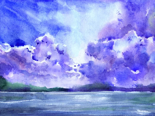 Sky Felhők Vihar Víz Tenger Sötét Komor Ősz Hideg Akvarell — Stock Fotó