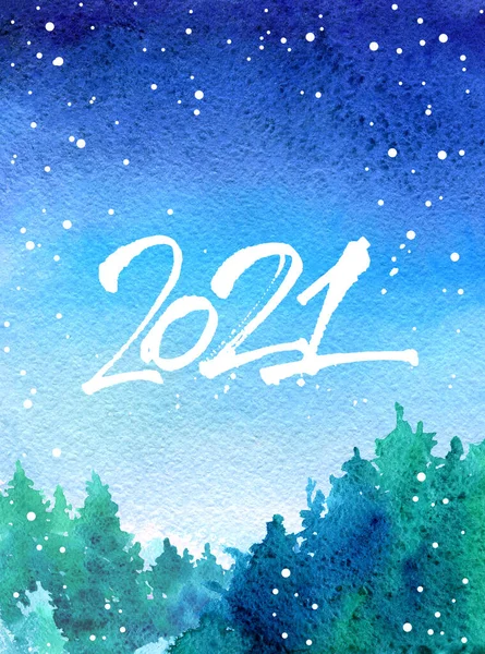 Christmas Winter Snow 2021 Sky Forest Evening Watercolor Background Place — Stock Photo, Image