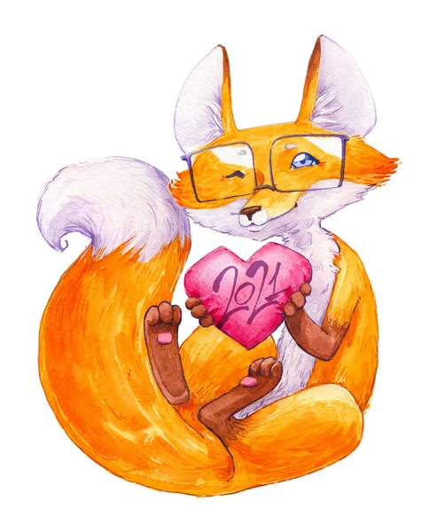 2021 fox heart character animal furry cute smiling congratulations happy new year and merry christmas watercolor isolated calligraphy