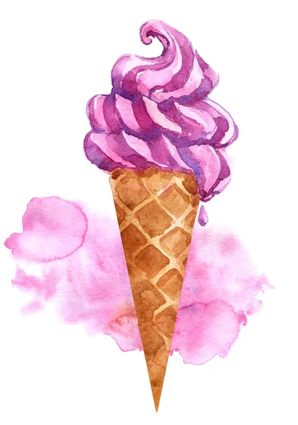 Морозиво Вафельний Конус Літній Морозиво Ягідна Ілюстрація Ізольовані Акварельні Солодкі — стокове фото