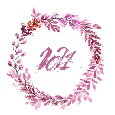 Yeni yıl çelengi, 2021 Ağaç Çam Sedir ağacı dalları, kaligrafi, kış mevsimi suluboya çizimleri, izole edilmiş.