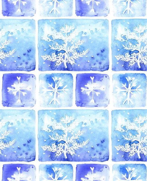 Schneeflocken Hintergrund Weihnachtsbaum Blau Weiß Eis Stempel Aquarell Muster Wiederholen — Stockfoto