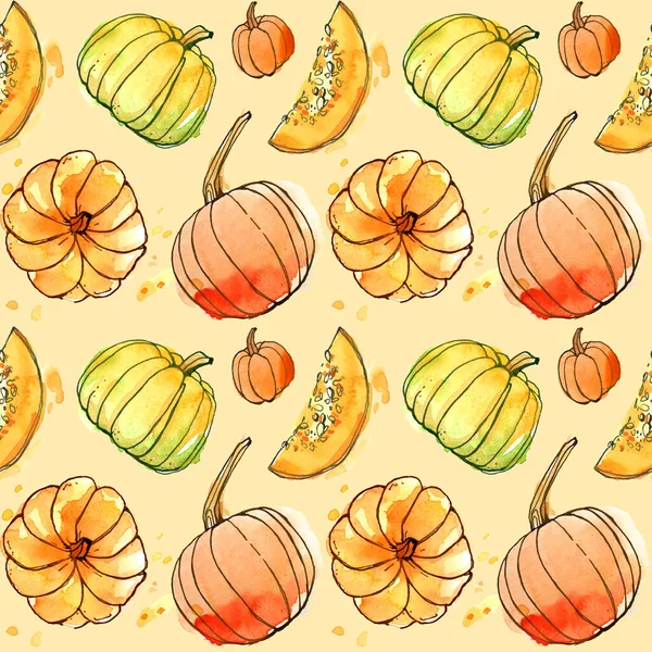 Pumpkin Autumn Festival Harvest Holiday Leaf Splatter Pattern Watercolor Repeating — Stock Photo, Image