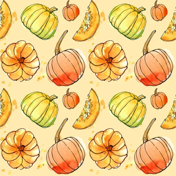 Pumpkin autumn festival harvest holiday leaf splatter pattern watercolor repeating seamless paper background eco nature