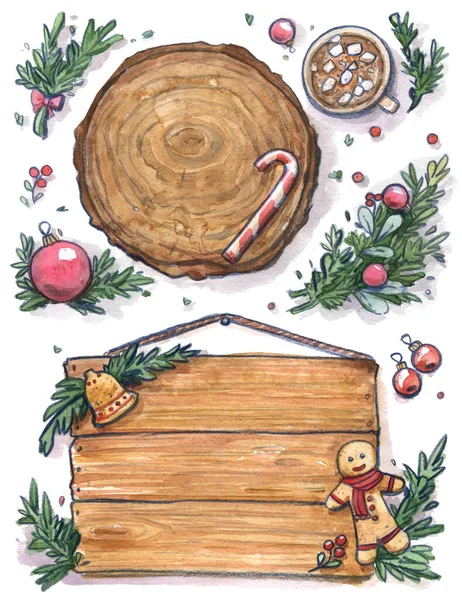 Kartka Świąteczna Drewniana Deska Piernik Człowiek Dzwon Drzewo Gratulacje Płaskie — Zdjęcie stockowe
