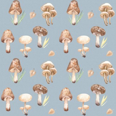 Mantarlar orman sonbahar hasat suluboya desenli gri İskandinav tarzı çocuklar pürüzsüz tekrarlayan kumaş kağıtlar