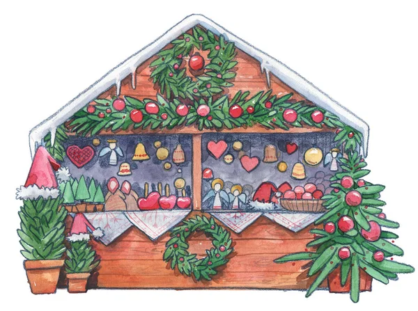 Kerstmarkt Vakantiehuis Nieuwjaar Krans Boom Winter Engel Decoratie Ansichtkaart Illustratie — Stockfoto
