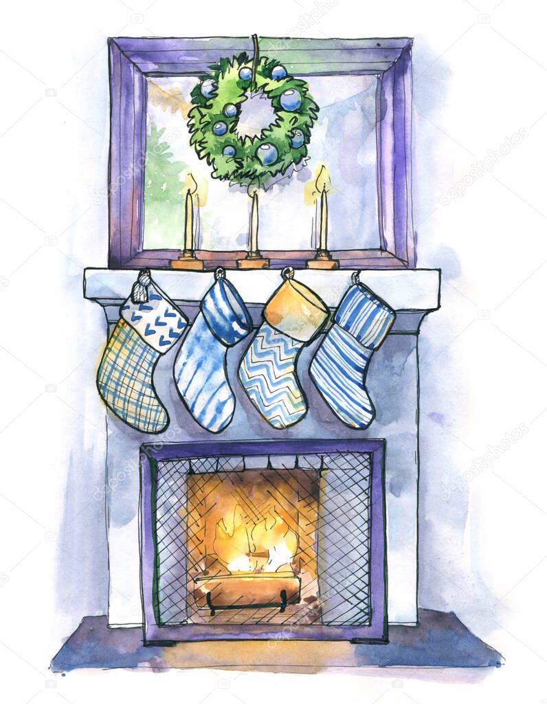 Christmas fireplace sock candles wreath mirror interior design modern watercolor sketch scandi illustration isolated