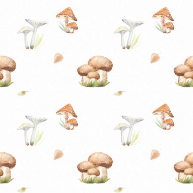 Mantar ormanı sonbahar şablonu beyaz arka plan hasadı tekstil kumaşı kusursuz suluboya resimlerini tekrarlayan İskandinav