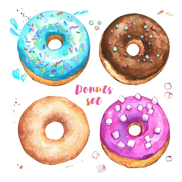 Donuts Doce Café Sobremesa Gelo Açúcar Chocolate Framboesa Azul Ilustração — Fotografia de Stock