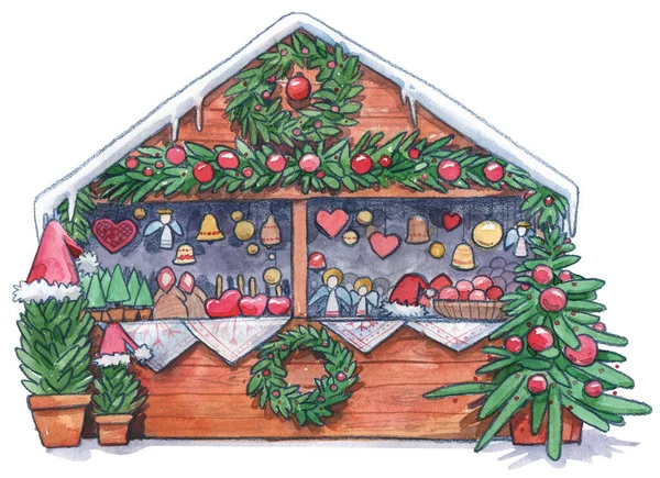 Kerstmarkt Traditionele Boom Sneeuw Verkoop Souvenir Decoratie Nieuwjaar Huis Aquarel — Stockfoto