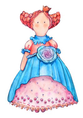 Prenses bebek tilda kız güzel çocuk suluboya resim sanatı izole edilmiş mavi pembe el dikiş kumaşı