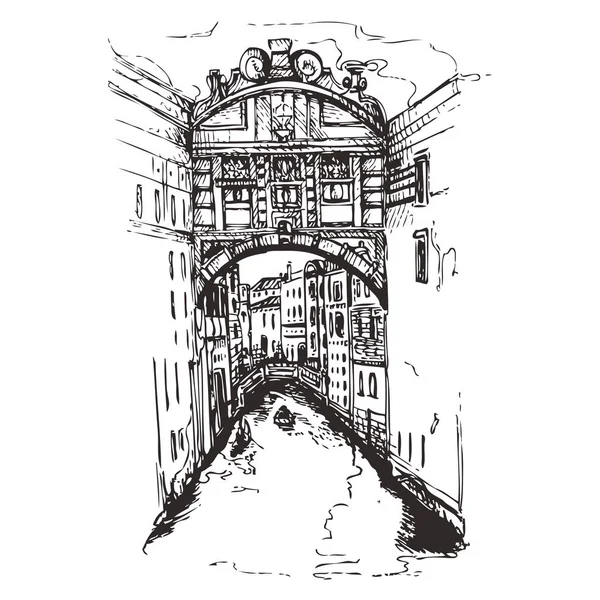 Köprü Sighs Doge Sarayı, Venedik, Italy.Italy evleri ve kroki tarzda çizilmiş su ile.