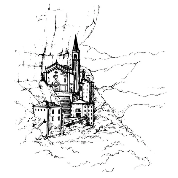  Castle hill elle çizilmiş kroki vektör çizim bina. Grafik çizim. Italy.Verona.