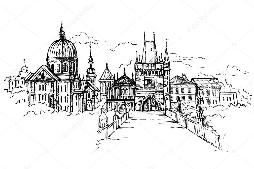 Vector Illustration of Prague main sights at dawn: Lesser Town Bridge Towers on Charles Bridge and Prague castel. Czech Republic, Bohemia.Sketch