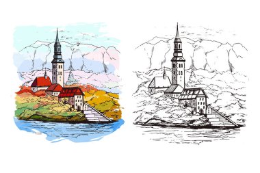 Watercolor Illustration of Bled with lake, island, castle and mountains in background, Slovenia, Europe.City with houses and water, drawn in sketch style.Cityscape. clipart