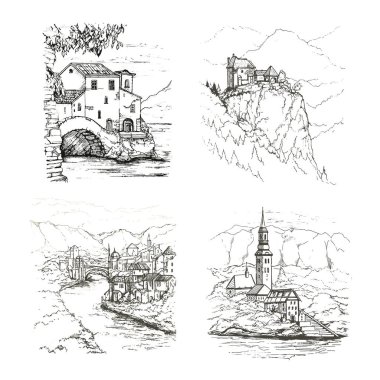 Grafik taslak Avrupa cityscapes çizim kümesi. Slovenia.Germany.France.Denmark.