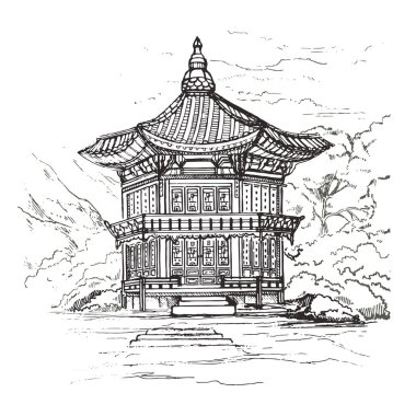 Gyeongbokgung Sarayı Seoul, Güney Kore. Hyangwonjeong köşk göl kenarında. Kroki. Vektör çizim yazdırma, Hatıra Eşyası, kartpostallar, t-shirtler, dekorasyon için.