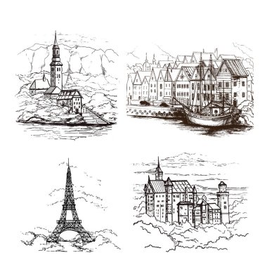  Grafik taslak Avrupa cityscapes çizim kümesi. Slovenia.Germany.France.Denmark.