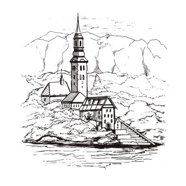 Bled Gölü, ada, kale ve arka plan, Slovenya, dağlarda Europe.City ile ev sahipliği yapmaktadır ve su, kroki tarzda çizilmiş. Cityscape.
