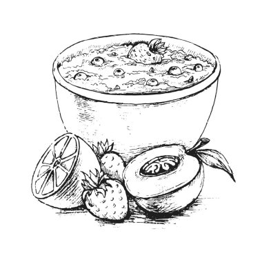 Yulaf ezmesi kahvaltı meyve ve meyve kase masada. Vektör el çekilmiş Illustration.Sketch Mısır pul poridge.