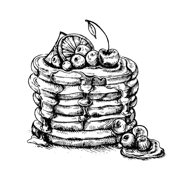 矢量复古煎饼画 手绘单色食品插图 非常适合菜单 海报或标签 浆果和枫糖浆煎饼的草图 — 图库矢量图片