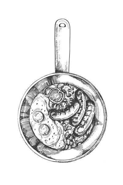 Tam İngiliz kahvaltısı kızarmış yumurta, sosis, fasulye, mantar ve domates Illustration. Geleneksel kahvaltı bir kızartma tavası üstten görünüm kroki çizim. 