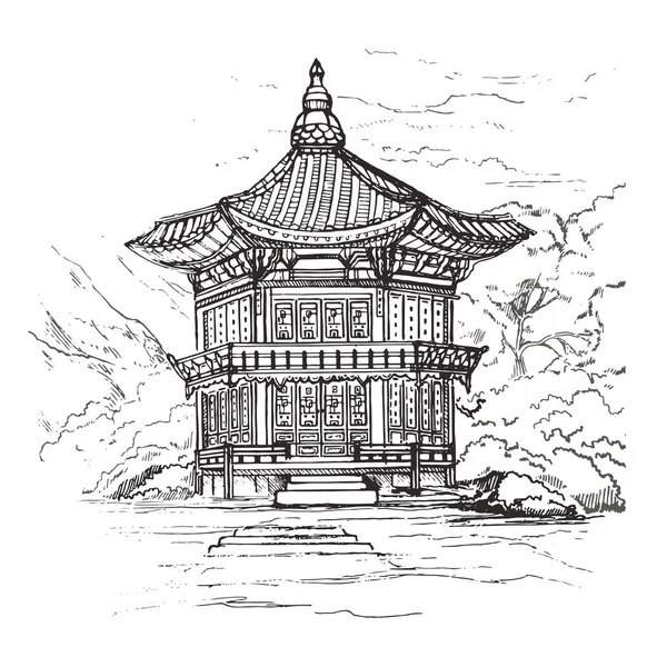 Palácio Gyeongbokgung Seul Coreia Sul Hyangwonjeong Pavilhão Lado Esboço Ilustração — Vetor de Stock