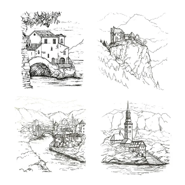 Набор Четырех Графических Эскизов Рисунков Европейских Городов Зарисована Векторная Линия — стоковый вектор