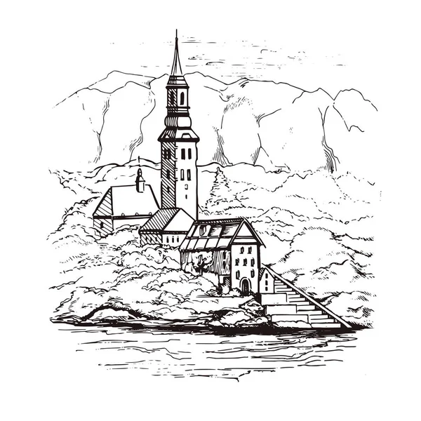 Bled Gölü, ada, kale ve arka plan, Slovenya, dağlarda Europe.City ile ev sahipliği yapmaktadır ve su, kroki tarzda çizilmiş. Cityscape.