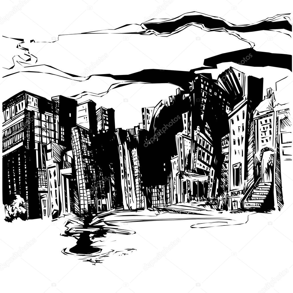 New York city,Brooklyn,Manhattan with buildings.Scene street illustration. Another side of New York in black and white  Vector.