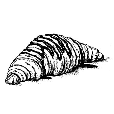 Tatlı kruvasan kroki çikolata sos ile dekore edilmiştir. Elle çizilmiş vektör tarzında tatlı ekmek.