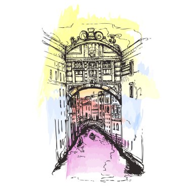 Köprü Sighs Doge Sarayı, Venedik, Italy.Italy evleri ve kroki tarzda çizilmiş su ile.