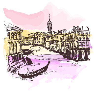 Grand Canal Venice.City içinde Venice.Italy.Vector Illustration evleri ve suyla, kroki tarzda çizilmiş. Cityscape.