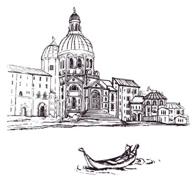 Venedik - Santa Maria Katedrali - vektör kroki. Gondollarının yüzen turist. Siyah ve beyaz eskiz. Avrupa şehri Cityscape vektör çizim satırı Up.Italy.Hand kabataslak çizilmiş kroki.