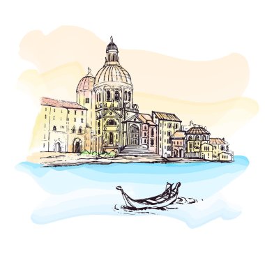 Italy.Venice - Santa Maria Katedrali - suluboya vektör kroki. Gondollarının yüzen turist. Avrupa şehri Cityscape vektör çizim satırı Up.Hand kabataslak çizilmiş kroki.